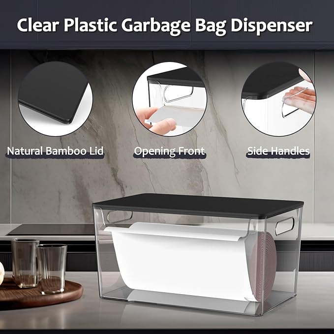 COAZEX 2 Pack Trash Bag Holder Under Sink Stackable, Plastic Garbage Bag Dispenser with Lid, Trash Bag Storage Dispenser Roll Holder for Kitchen, Pantry, Laundry Room Organization (Black Lid)