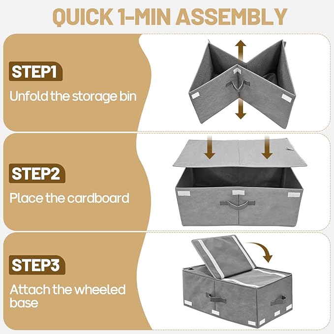 Large Under Bed Storage with Wheels, 10" Height Rolling Underbed Storage Containers Bins with Lid, Deep No-Assembly Under Dorm Bed Storage Drawers for Shoes, Clothes, Blankets (2 Pack, Grey)