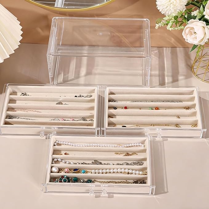 CLUQMEIK Necklace Organizer Box with Clear Lid, Dustproof Velvet Jewelry Holder Storage Display Case, Stackable Acrylic Necklace Tray Drawer Insert for Women and Girls (Beige,3 Drawers)