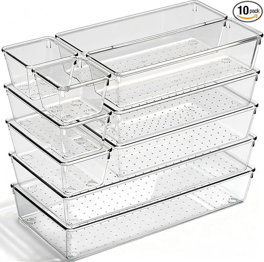 Drawer Organizer, 10 Pack Large Clear Plastic Organizer Bins 5 Sizes