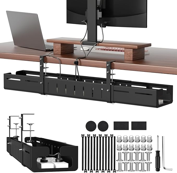 Under Desk Cable Management Tray, Expandable 25.2"–38.6" Heavy Duty Carbon Steel with Clamp, Hidden Cord Organizer for Desk, Home Office & Standing Desk, No Drill Installation, Black