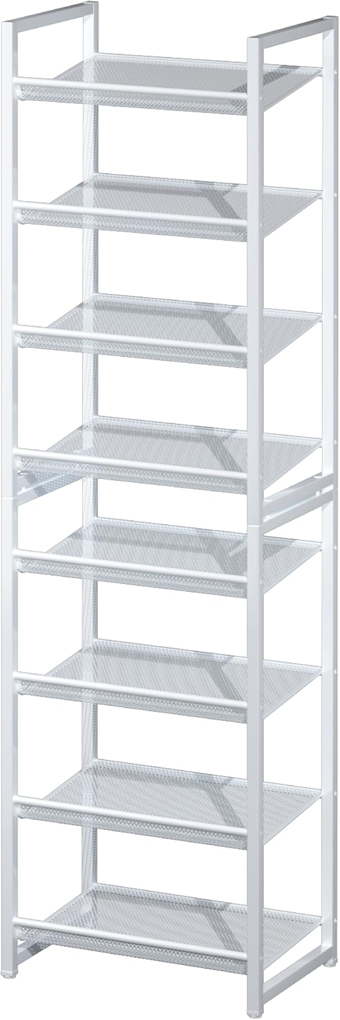 8 Tier Narrow Shoe Rack, Stackable Metal Shoe Storage, Holds 16-20 Pairs, Vertical Shoe Organizer for Garage Closet Entryway, White