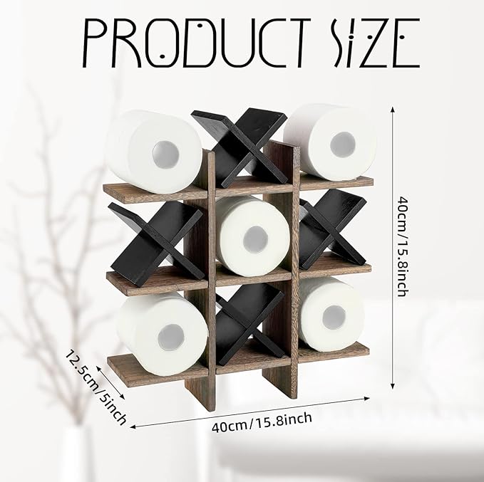 Weysat Tic Tac Toe Toilet Paper Holder Stand Bathroom Wall Decor Rustic Wooden Hanging Storage Freestanding Wall Mounted Shelves Decor for Toilet Tissue Farmhouse