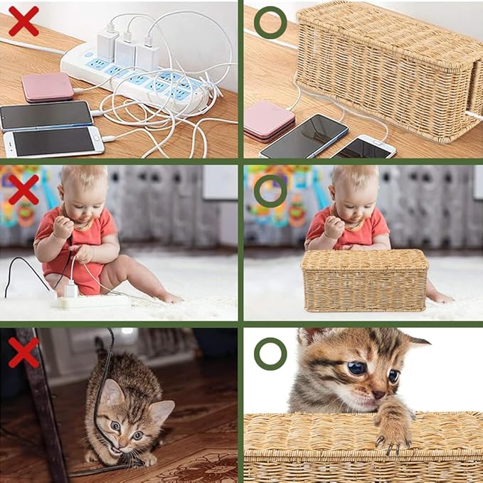 Cable Management Box, Handmade Rattan Cable Organizer with 2 Open Slots, Natural