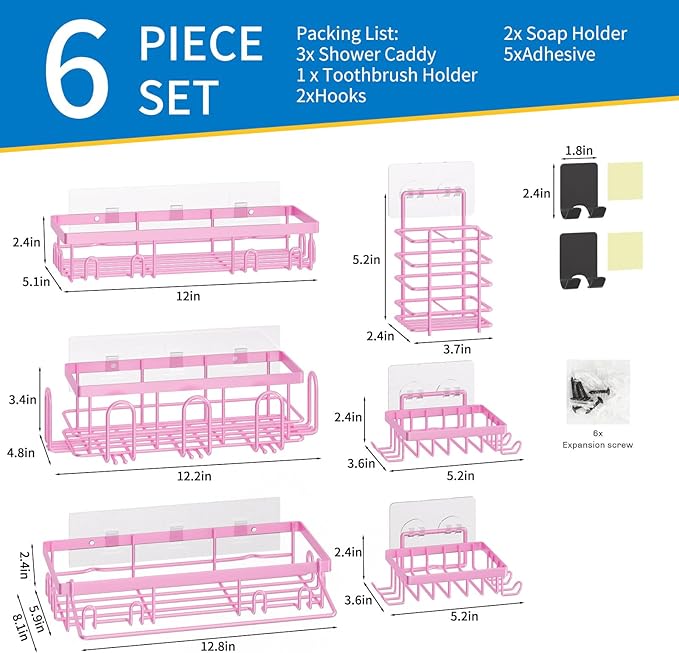 DTUQYX Shower Caddy 9 Pack,Adhesive Organizer for Bathroom Decor Accessories & Kitchen Storage,No Drilling,Large Capacity,Rustproof Stainless Steel Organizer,Home Decor Shelves (Pink 9 Pack)