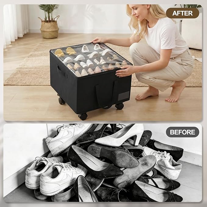 Large Shoe Organizer for Closet, Adjustable Dividers Shoe Storage Box Bins with Wheels Clear Cover Reinforced Handle Side Pocket Fits up to 16 Pairs, Foldable Shoe Organizer for Entryway Black