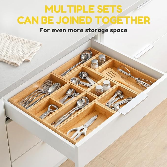 lilLittle Bamboo Drawer Organizer, 5 Pcs Kitchen Drawer Organizer Set, Multi Purpose Utensil Drawer Organizer, Silverware Organizer for Kitchen, Bathroom, Office, Junk Drawers