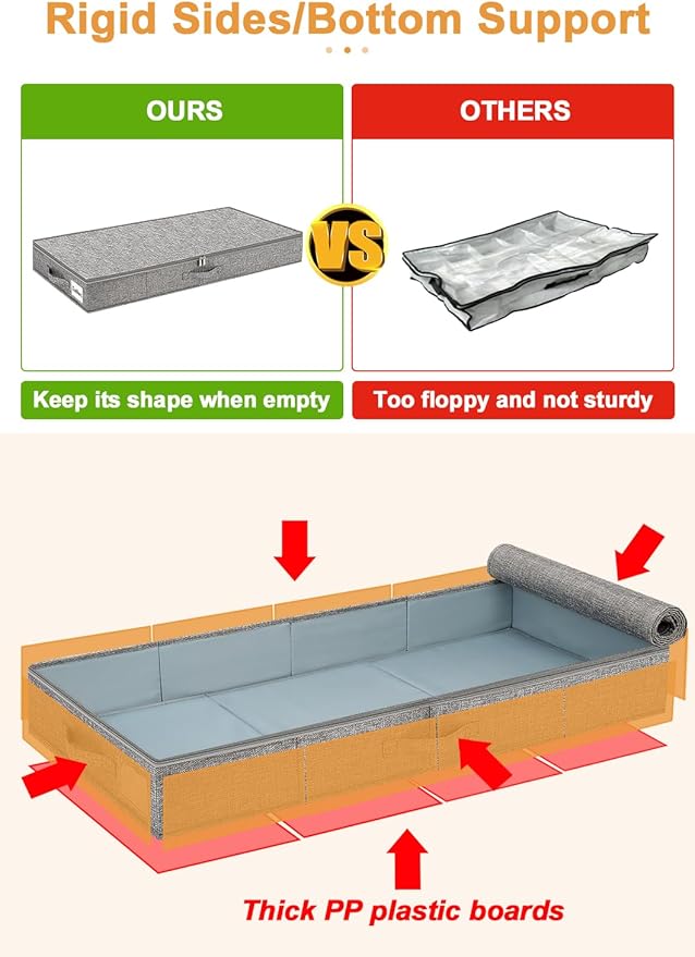 punemi 4 Inch Height Low Profile Under Bed Storage, Underbed Storage Containers With Sturdy Sidewalls & Bottom, Shallow Clothes Storage Bins, Slim Under Couch Sofa Dresser Storage, 2 Pack, Grey