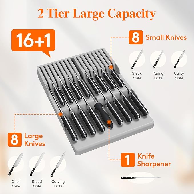 Lifewit Magnetic Drawer Knife Organizers Insert, Kitchen Plastic In Drawer Knife Block Slots, Steak Chefs Knives Holder Storage for 16 Knives and 1 Sharpening Steel, Extra Large, Gray, 16.5"/42 cm(W)