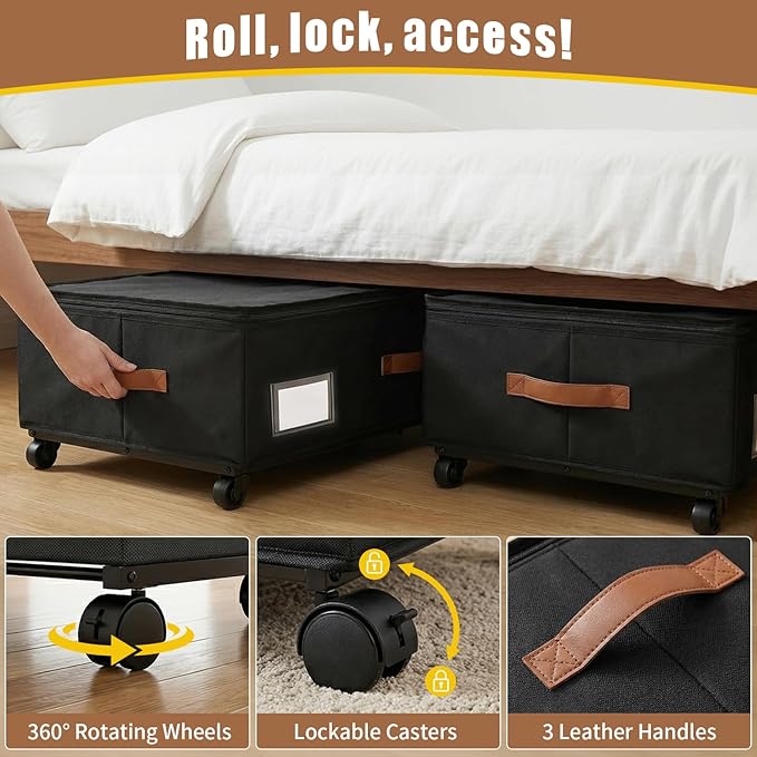 Under Bed Storage Containers with Wheels 2-Pack , 9.5" Tall Underbed Storage Drawers Organizer Bins for Clothes Shoes Toys Wrapping Paper with Extra Interior Pockets, Easy Pull-out, Heavy-duty