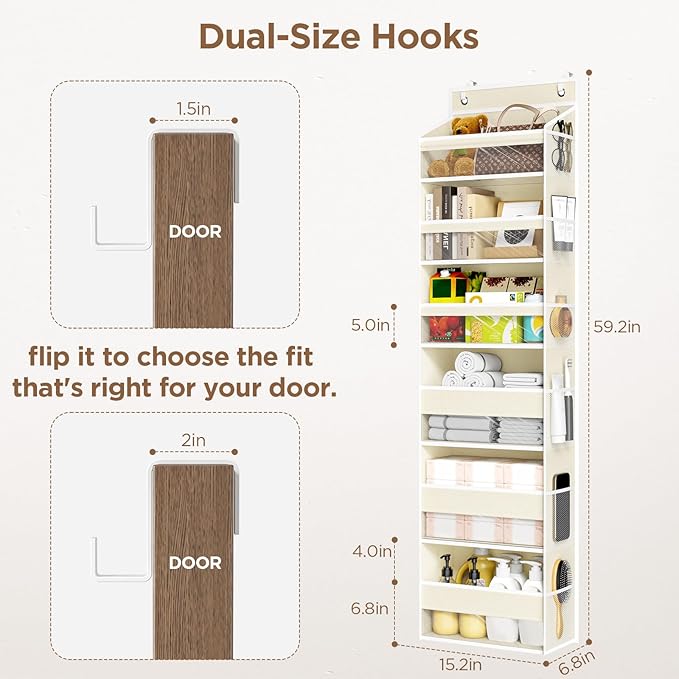 Mefirt Over The Door Organizer, 6 Shelf Door Hanging Organizers with 6 Large Capacity Pockets, Behind Door Storage Hanging Shelves for Closet Wall Bathroom Bedroom Nursery