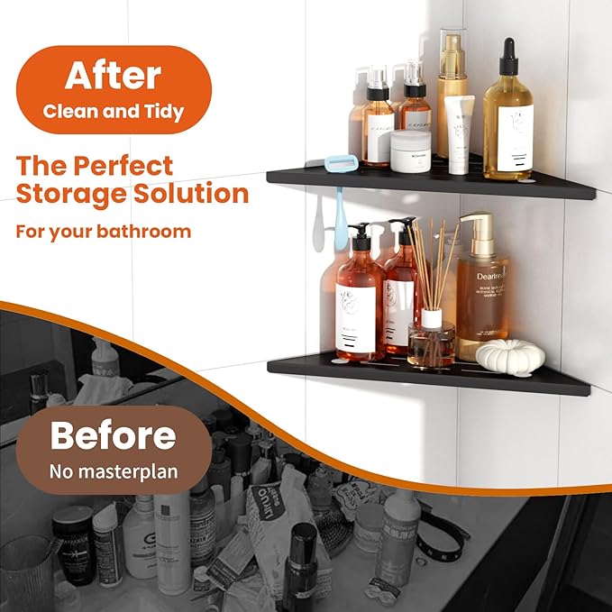 Corner Shower Shelves with Razor Holder, Rustproof Stainless Steel Tile Shower Organizer Discreet Corner Shelf Black Conrer Shower Shelves No Drilling Sleek Shelf for Bathroom Storage, 2 Pack, 10"