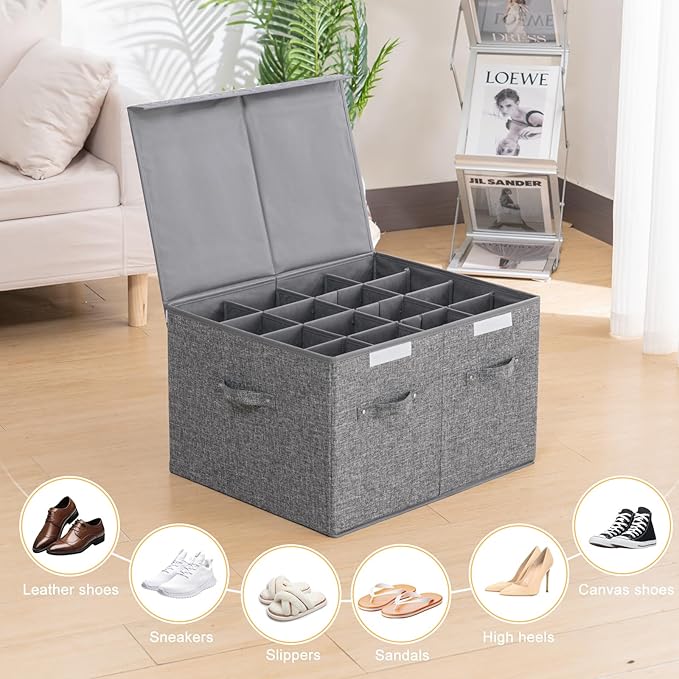 2 Pack Shoe Storage Box Fits 32 Pairs, Large Shoe Organizer with Lid and Adjustable Dividers for Closet, Shoes, Sneakers and High Heeled, Foldable and Stackable (Grey)