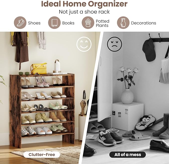 Giantex 3-in-1 Vertical Shoe Rack, 6-Tier Free Standing Shoe Storage Organizer w/Stackable Design for 18 Pairs, 31 Inch Wide Wood Shoe Shelf for Closet, Entryway, Living Room, Office (2, Brown)