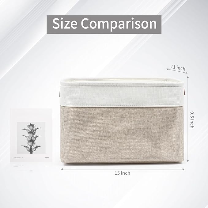 Bagnizer Storage Bins Large Fabric Storage Baskets for Shelves 3 Pack, Decorative Linen Closet Baskets with Handles for Organizing, Shelf, Clothes, Home, Office, 15x11x9.5Inches (Beige&White)