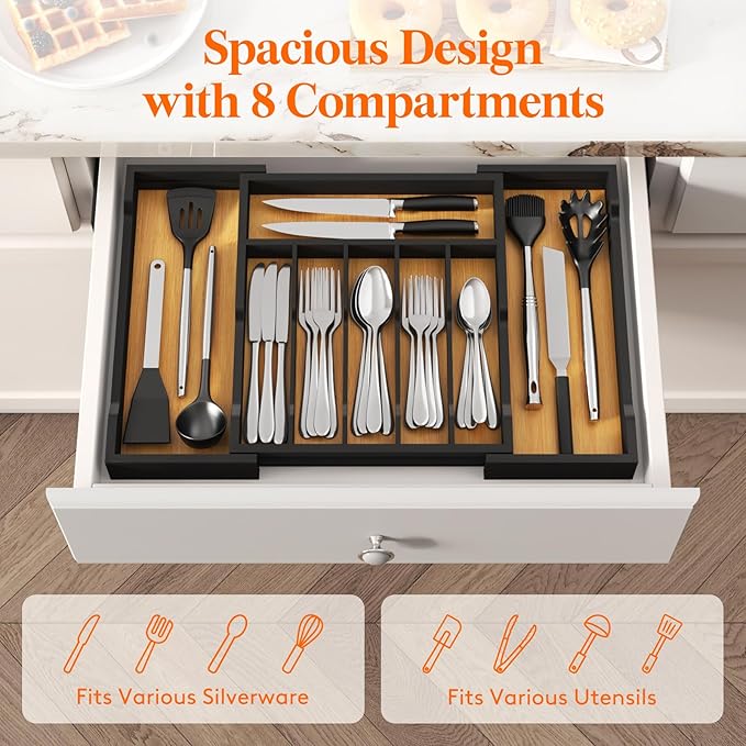 Silverware Drawer Organizer, Natural and Black