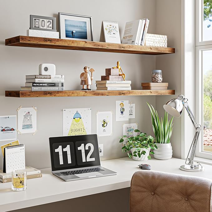 Fixwal Wood Floating Shelves for Wall, 47" Long Heavy Duty Wall Mounted Shelves for Living Room, Bedroom, Bathroom and Kitchen, Wall Shelves for Storage, Books, Room Decor (Rustic Brown, Set of 2)