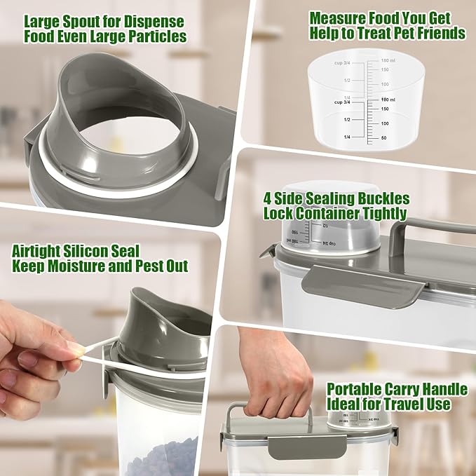 5-7LBS Upgraded Large Nozzle Cat Dog Food Storage Container BPA-free, Airtight Pet Food Storage Bin with 4 Lock Buckles, Sealing Gasket, Cup for Pet Food, Dog Treats, Rice, Flour, Dry-Grey