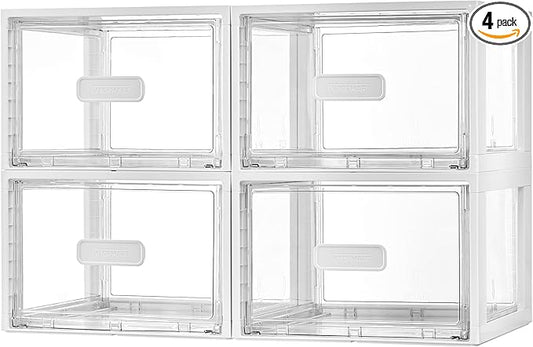 4 Pack 18QT White Stackable Storage Drawers, Easily Assemble Closet Organizers