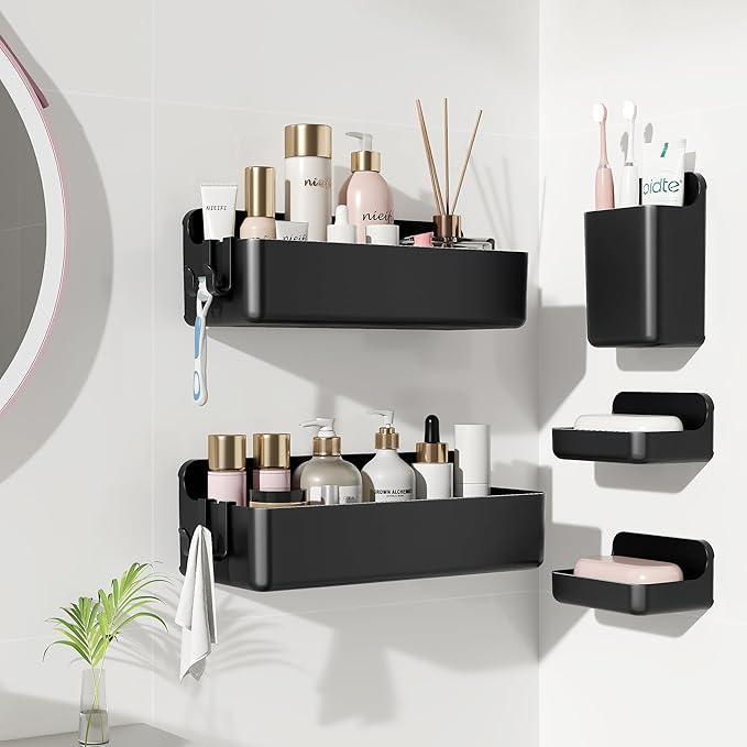 Adhesive Wall Shelf, Shower Shelves 5 Pack with Soap Holder, Black