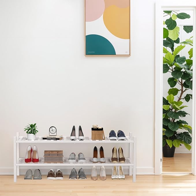 Haddockway Long 2 Tier Bamboo Shoe Rack Storage Organizer, Multifunctional Free Standing Stackable Shoe Shelf with Grid Panel for Closet,Hallway,Entryway,Small Space 34.2"x11"x13"