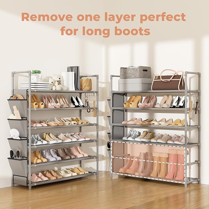 LANTEFUL 6 Tier Shoe Rack Storage for 24-30 Pairs Shoe and Boot, Shoe Organizer with Hook and Side Pocket Free Standing Long Shoe Shelf Tall Shoe Rack Organizer for Closet, Entryway, Dorm, Grey