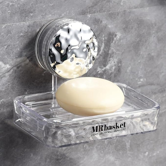 Soap Dish Holder Suction Cup, Wall Mounted Self Draining Soap Case & Sponge Rack