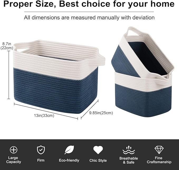 Storage Baskets, Woven Cotton Rope Baskets for Shelves, Toy Towel Organizer Bins