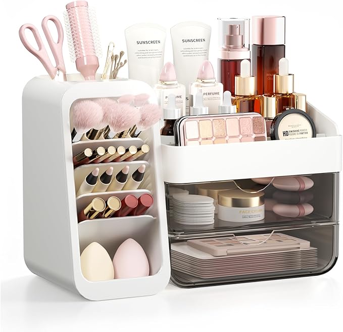 Makeup Organizer for Vanity with 5 Adjustable Dividers & 2 Clear Drawers, Large Make Up Brush & Perfume Holder, Cosmetic Display Cases Skincare Storage for Bathroom Countertop, Office, Pantry, Kitchen