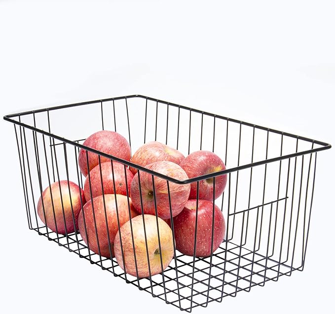 16" L x 12" W Wider Freezer Storage Organizer Baskets Container, Deep Metal Wire Chest Upright Refrigerator Divider with Built-in Handles for Cabinet, Pantry, Closet, Kitchen, Black