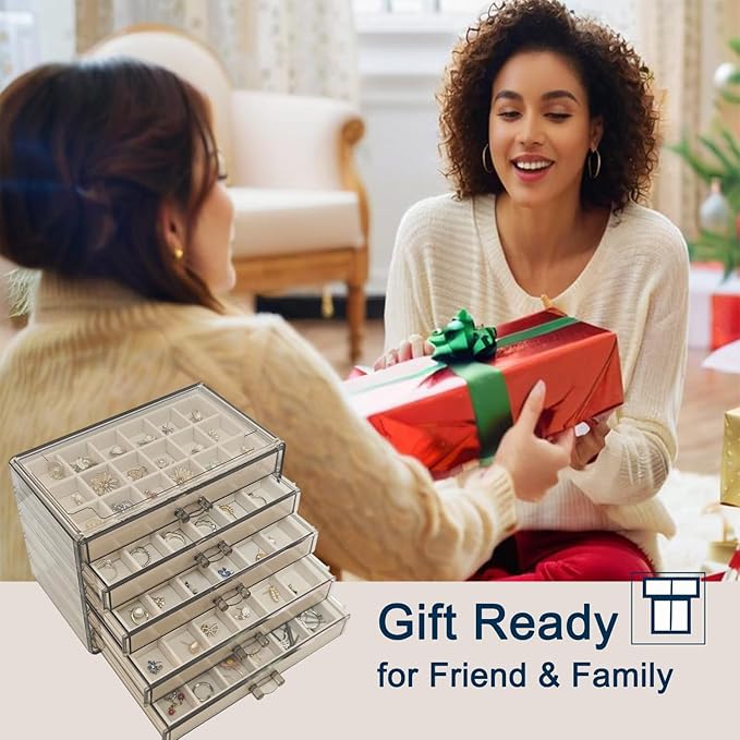 Acrylic Earring Holder Organizer with 5 Drawers Clear Earring Organizer Box with 90 Adjustable Grids Velvet Earring Display Case Jewelry Organizer for Earrings Rings Studs (Brown Beige)