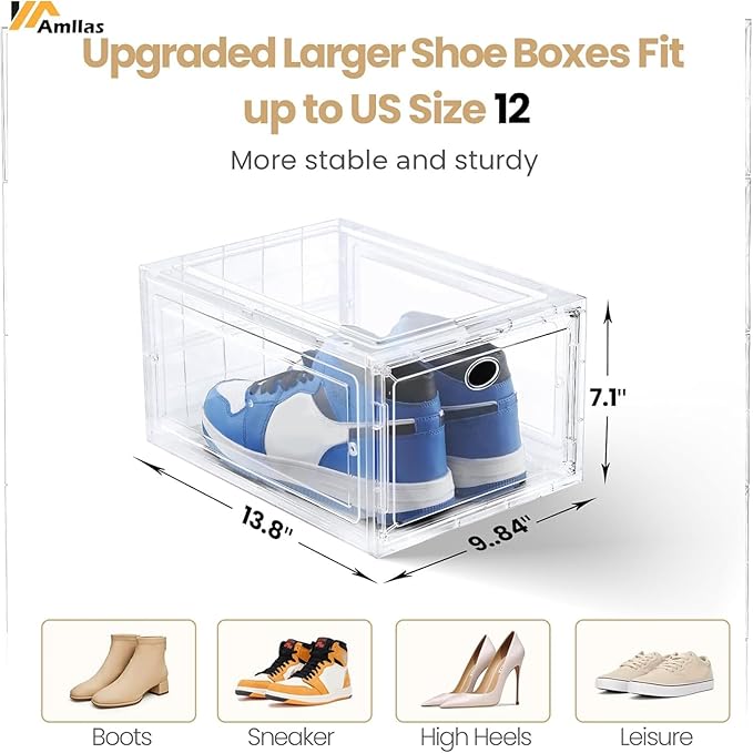 Amllas 12 Pack Clear Shoe Boxes Stackable,Shoe Storage Boxes for Closet,Sturdy Shoe Box Storage Containers with Clear Door,Sneaker Storage,Easy to Assemble,Fit up to US Size 12(13.8”x 9.84”x 7.1”)