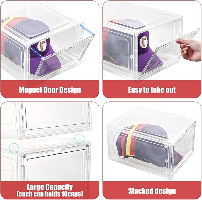 4 Pack Clear Hat Storage Box, Stackable with Magnetic Door, Holds 8 Hats Each
