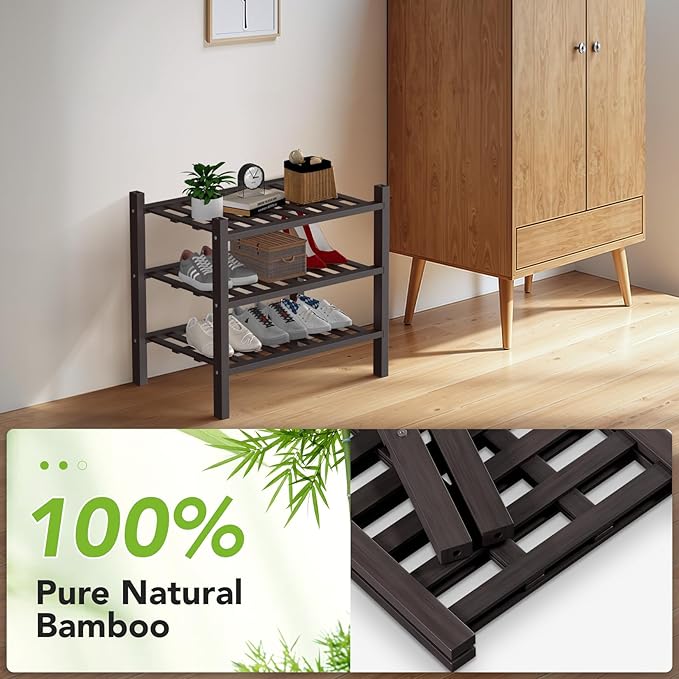 Haddockway Small 3 Tier Bamboo Shoe Rack Storage Organizer, Multifunctional Free Standing Stackable Shoe Shelf with Grid Panel for Closet,Hallway,Entryway,Small Space 18"x11"x17"