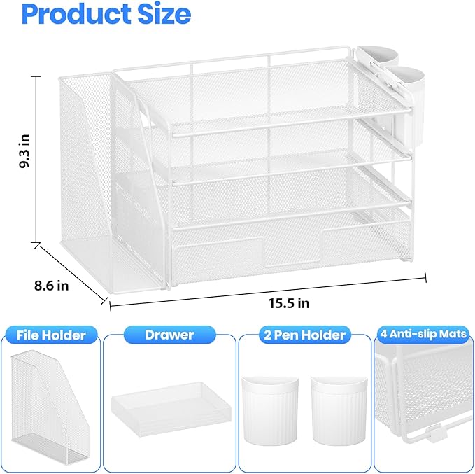 OPNICE Desk Organizer, 4-Tier Desktop File Organizer with Drawer and 2 Pen Holders, Office Desk Accessories, File Sorters, Workspace Organizers for Office Supplies(White)