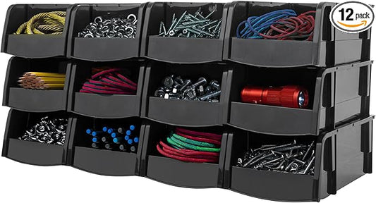USA Small Stackable Storage Bins, 12-Pack, 7.5 x 4.5 x 3 inch, Made in USA