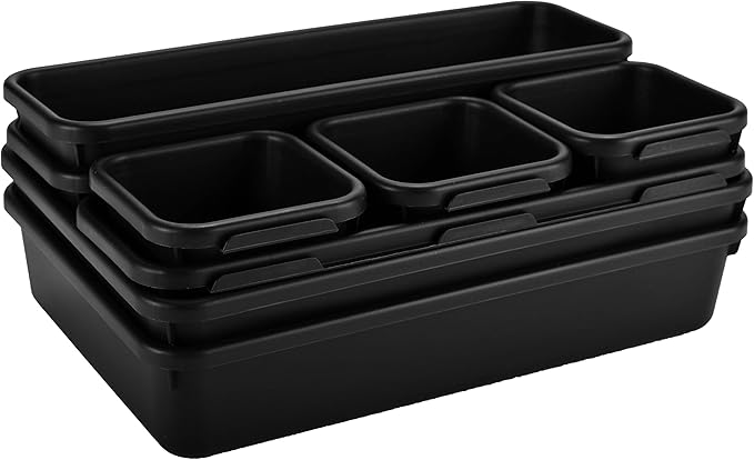 Interlocking Drawer Organizer Bins, Durable Plastic, Black | 8-Piece Set