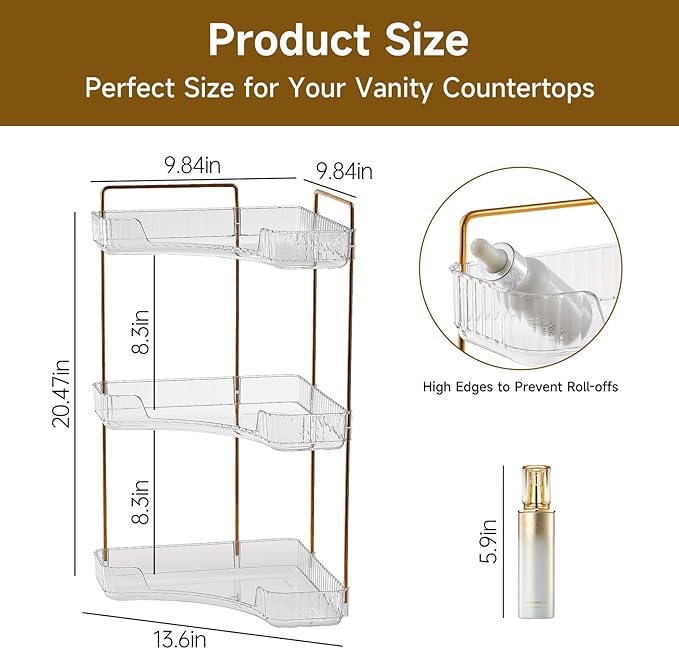 Ceruaxb 3-Tier Corner Bathroom Counter Organizer, Plastic Countertop Makeup Organizer, Large Capacity Vanity Bathroom Perfume Shelf Rack for Kitchen Office Desktop (Clear)