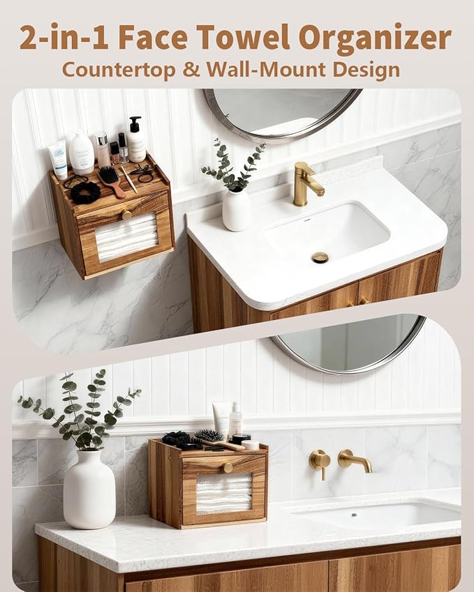 Disposable Face Towel Holder, Acacia Wood Storage Drawer Compatible with XL Disposable Face Towels, Facial Towel Storage Box for Bathroom Countertop Vanity Organizer & Wall Mount