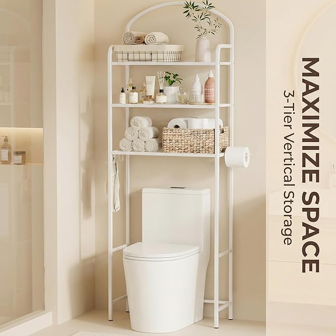 Over The Toilet Storage Rack - 3 Tier Bathroom Organizer with 4 Hooks & Paper Holder - Space Saving Metal Shelf for Bathroom - White Toilet Storage