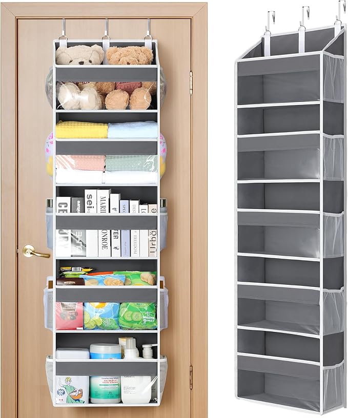 Yecaye 5 Tier Clear Over the Door Organizer Hanging, 5 Large Plastic Pockets and 10 Side Pockets Back of Door Organizer, 56lbs Weight Capacity Behind the Door Storage for Nursery, Deep Gray