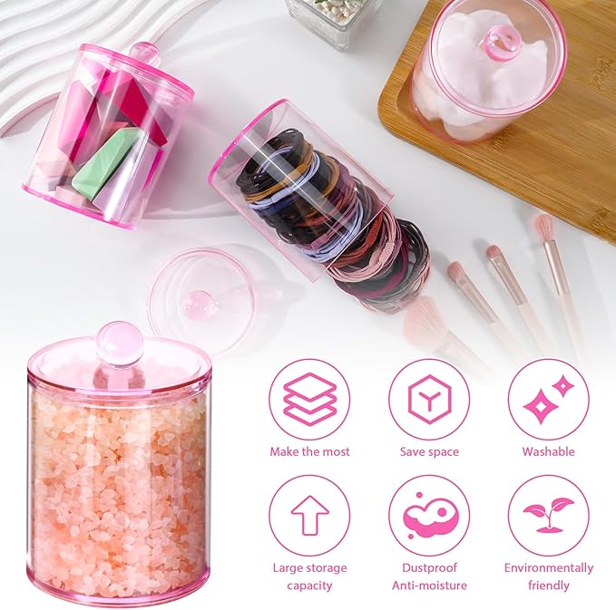 XIPENGKEJI 4 Pack Qtip Holder,Canister Apothecary Jar Set, Bathroom Jars with Lids Set for Cotton Swabs, Balls, Pads, Floss Picks,10oz-12oz Plastic Canisters Restroom Bedroom Vanity Organizer(Pink)