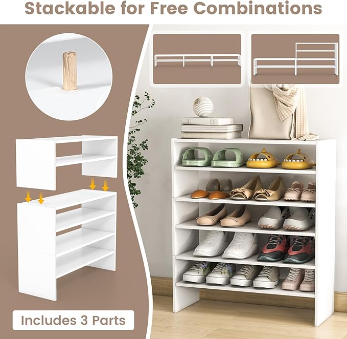 Giantex 3-in-1 Vertical Shoe Rack, 6-Tier Free Standing Shoe Storage Organizer w/Stackable Design for 18 Pairs, 31 Inch Wide Wood Shoe Shelf for Closet, Entryway, Living Room, Office (2, White)