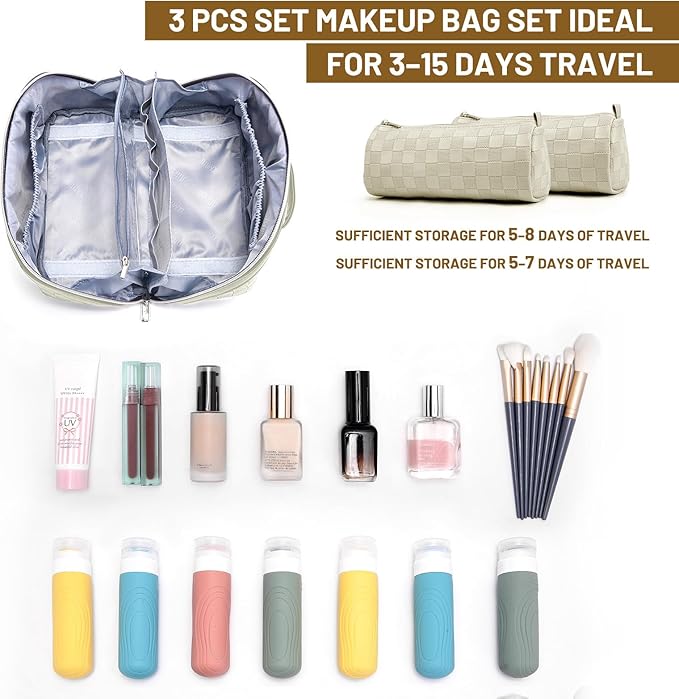 BOYATU Travel Makeup Bag Organizer: 3 Pcs Set Large Capacity Cosmetic Bags Holds 10–20 100ml Full-Size Bottles