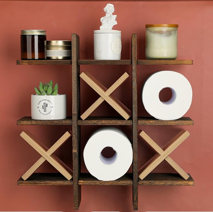 Weysat Tic Tac Toe Toilet Paper Holder Stand Bathroom Wall Decor Rustic Wooden Hanging Storage Freestanding Wall Mounted Shelves Decor for Toilet Tissue Farmhouse