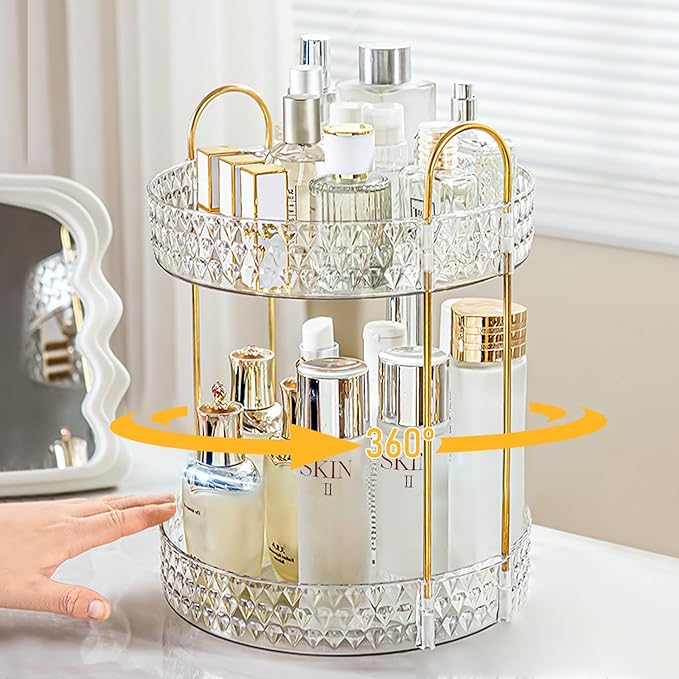 Rotating Makeup Organizer for Vanity, 2 Tier Perfume Skincare Storage for Women