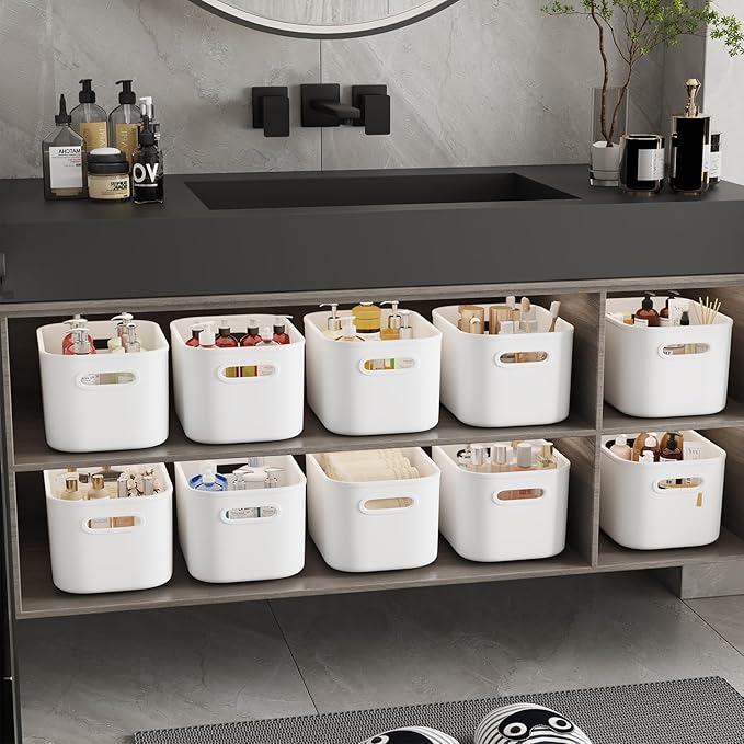 ORGIDOL 12 Pack White Plastic Storage Bins, Storage Container for Organizing, Storage Boxes with Handle for Shelves, Cute Organizer Bins for Craft, Snacks, Pantry, Cabinet, 9.69x6.7x5.7 inch