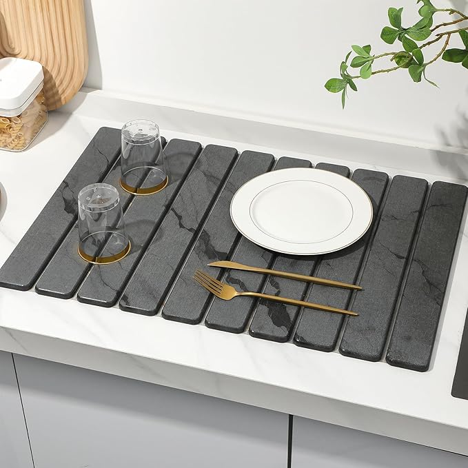 Large Stone Dish Drying Mat for Kitchen Counter, Quick Dry Stone Dishes Mats,Foldable Water Absorbing Diatomaceous Earth Drying Organizer Pad for Plate Rack Bottles Utensils(Dark Gray 24"×16" & 8"x4")