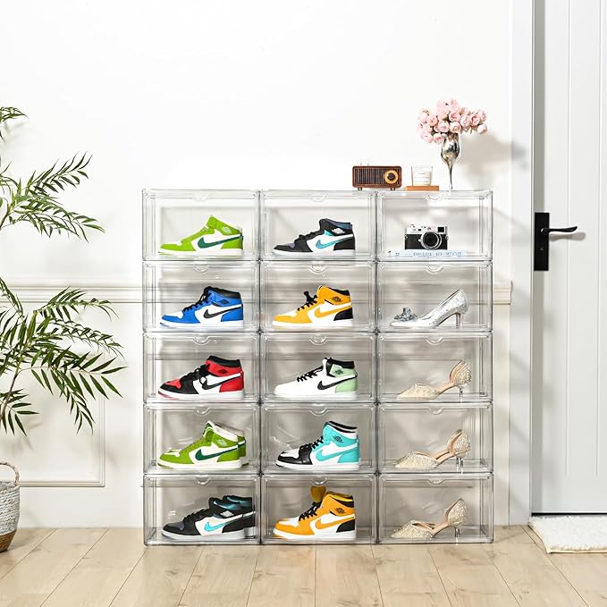Clear Shoe Organizer,Stackable Shoe Display Case,Shoe Box Storage Bins with Magnetic Door,Fit Shoe Size Up to US 14 (X-Large-2Pack)