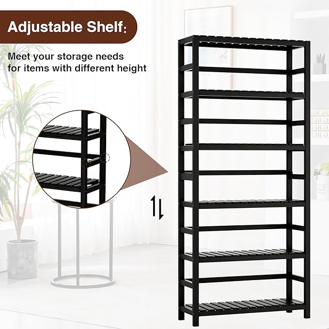VASMIA 6-Tier Bamboo Shelf,Bamboo Storage Shelving Unit,Tall Bookcase with Adjustable Shelves,Multipurpose Storage Display Shelf for Bathroom, Living Room, Balcony, Kitchen,Black